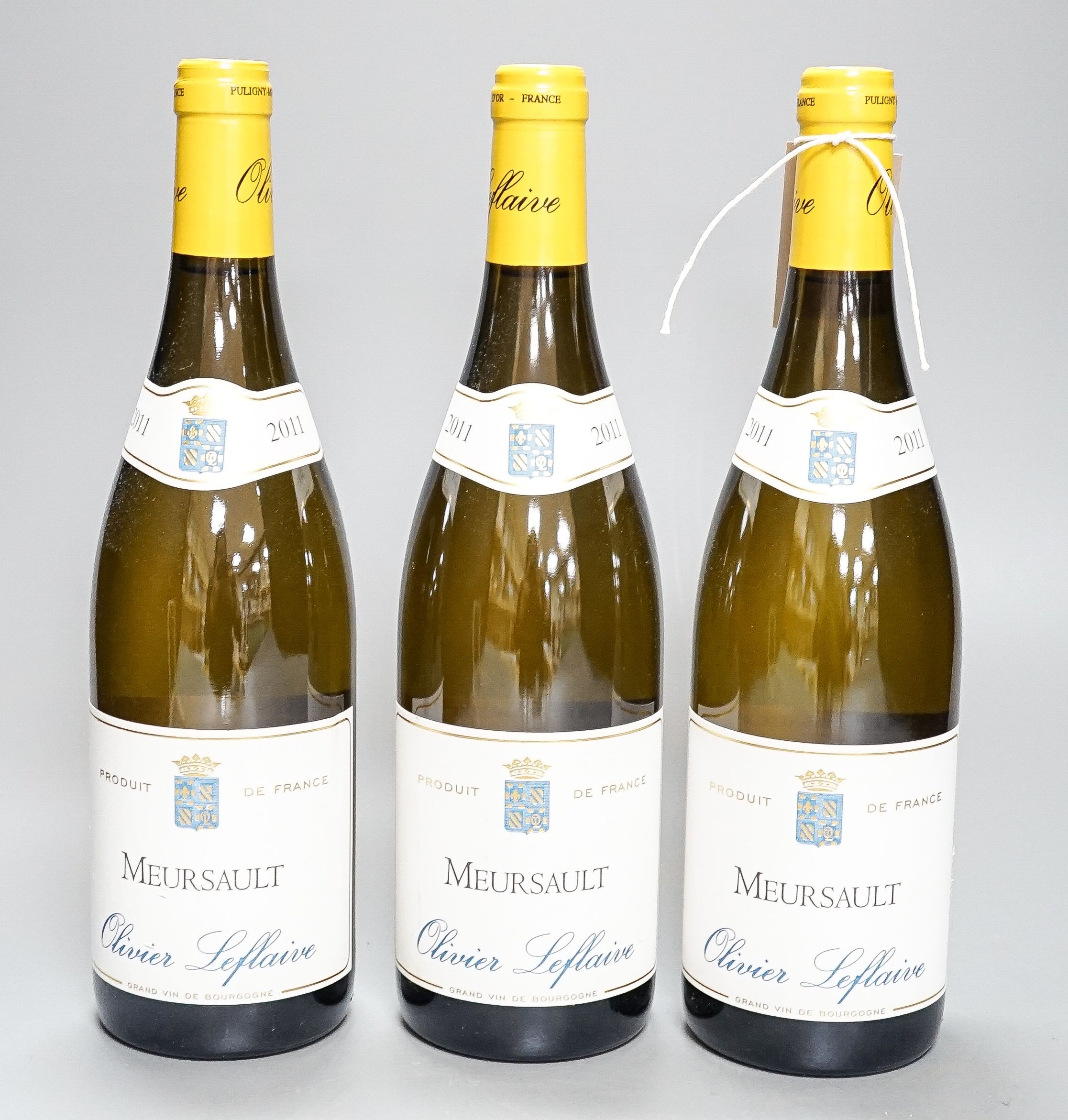 Three bottles of Olivier Leflaive Meursault, 2011, 75cl.